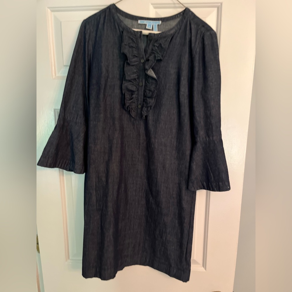 Draper James denim dress with ruffled placate and sleeves. Size 4.  Like new